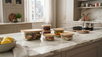 Fototapeta premium Healthy meal prep in glass containers on a modern kitchen counter