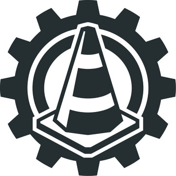 Traffic cone placed centrally inside a dark grey mechanical gear icon 