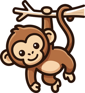 Cute cartoon monkey hanging from a tree branch, smiling, jungle animal illustration