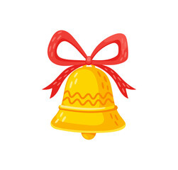 Fototapeta premium Christmas golden bell with ribbon for winter holiday and Xmas tree decoration, cartoon vector icon. Christmas jingle bell ornament for New Year decoration gift and Merry Christmas greeting
