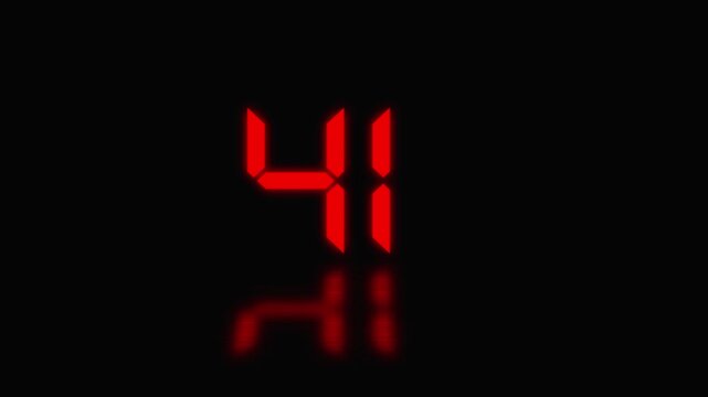 Sports shot clock countdown from 46 to 0. Red digital countdown timer display with reflection on black background, clock