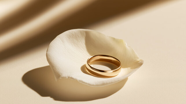 Golden wedding ring resting on a single white rose petal against an ivory background
