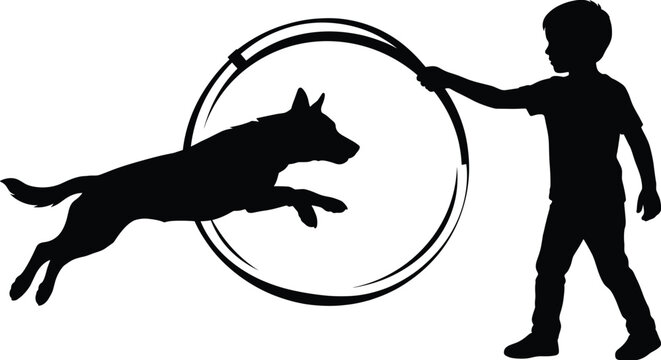 Boy training a dog to jump through a hoop silhouette vector illustration
