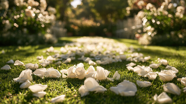 Romantic garden wedding aisle with scattered white rose petals leading into soft bokeh, foreground left empty for typography