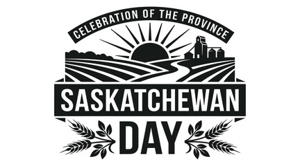 Saskatchewan Day Emblem With Wheat, Fields And Rising Sun Black Silhouette © Ziaul_Studio