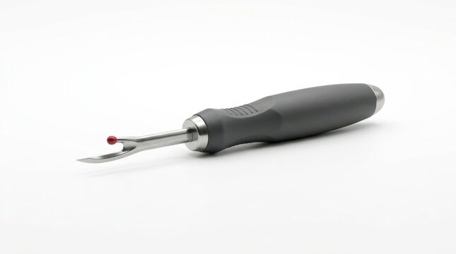 Fabric seam ripper with gray handle and metal cutting tool on white background.