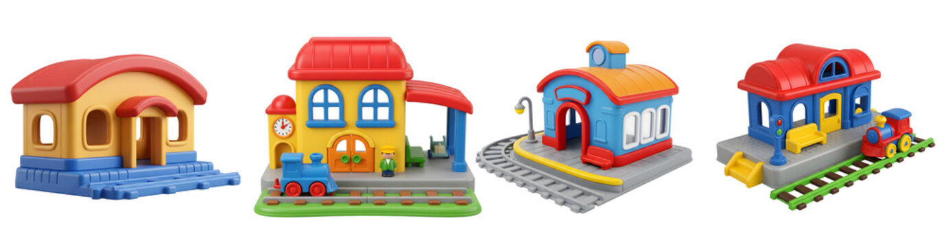 Colorful plastic toy train station buildings and tracks isolated for children play set collection created in bright vibrant on transparent background.