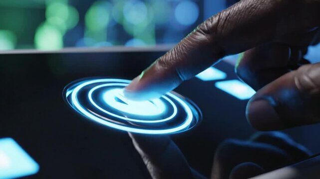 Finger touching glowing digital interface button for advanced technology activation and secure access control