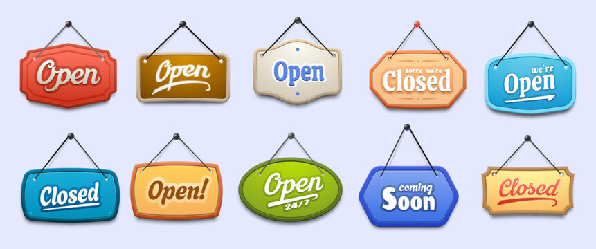 Open and closed signboards for shop or store door sign boards, vector icons. Coming soon, 24 7 open and close signboards or banners hanging on strings for supermarket or kiosk and restaurant door sign