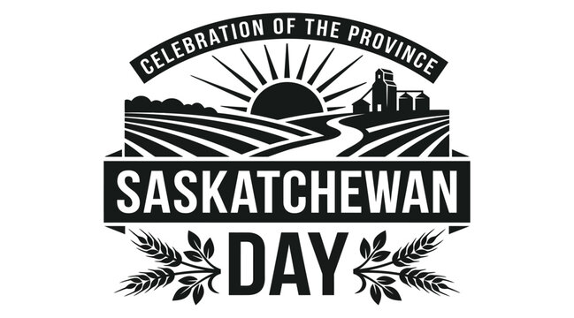 Saskatchewan Day Emblem With Wheat, Fields And Rising Sun Black Silhouette