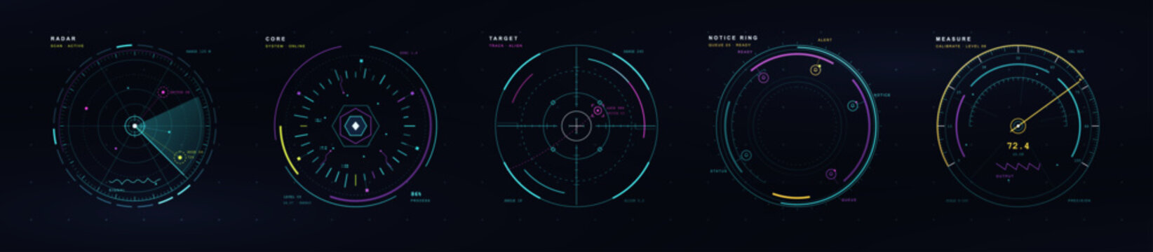 Sci-fi HUD radar and circular interface elements set featuring futuristic target crosshairs, digital measuring dial, core loading graphic, and data indicators. HUD, UI circles. Vector