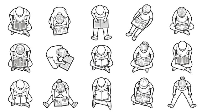 Architectural plan view CAD block set of seated children reading books
