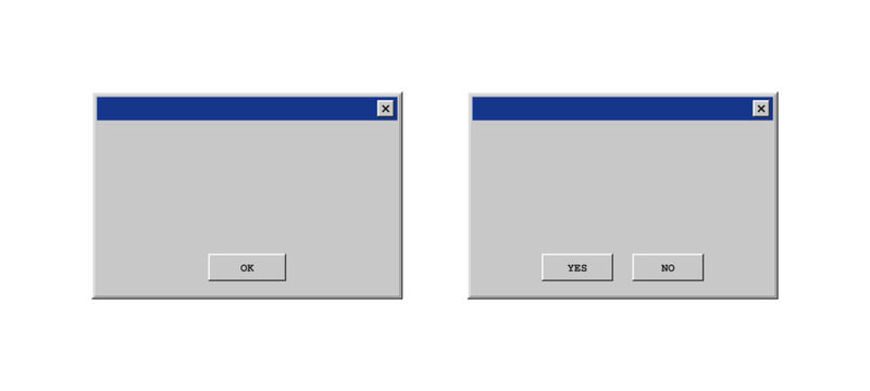 Retro 90s style system message pop-up ui frames template kit with classic grey UI UX design, close button, blue header bar, and prompt buttons. Vector operating system