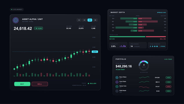Cryptocurrency trading and financial market dashboard UI UX kit featuring candlestick chart, market depth graph, portfolio balance tracking, and asset analytics panels. Vector cryptocurrency dashboard