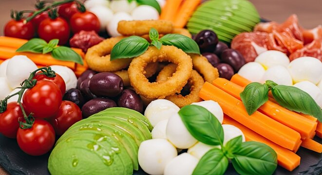 Colorful healthy appetizer platter with vegetables and cheese.