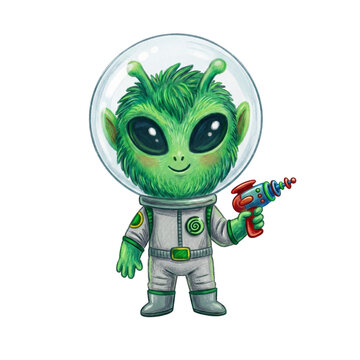 Cute green alien astronaut holding ray gun crayon illustration