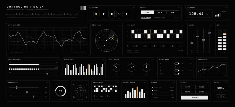Futuristic audio synthesizer and sound editing dashboard UI UX kit featuring wave monitor graphs, sequencer grids, parameter dials, and music mixer sliders. Vector synthesizer interface