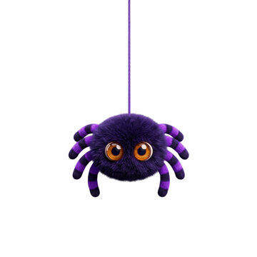 Cute purple furry Halloween spider hanging from thread render
