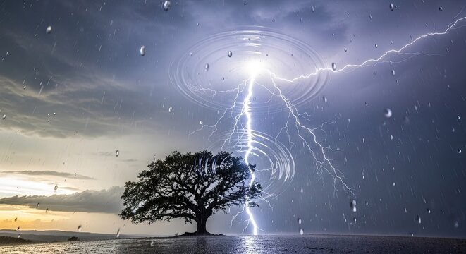 Powerful lightning strike near a lonely tree at night.