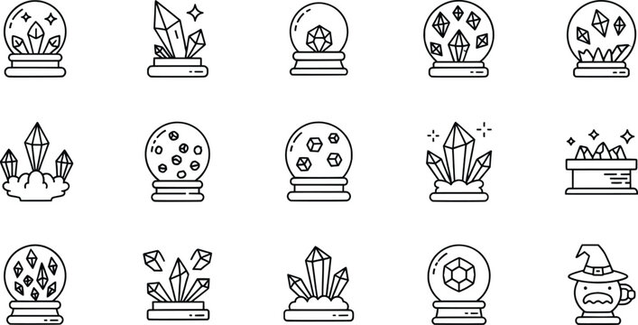 Crystal and magic silhouettes collection, mystical fantasy icons, enchanted illustration, wizard design, minimalist black vector artwork