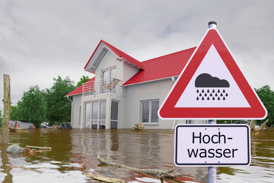 3d Illustation - Verkehrsschild - Achtung - Hochwasser - Unwetter - &Uuml;berschwemmung - Haus