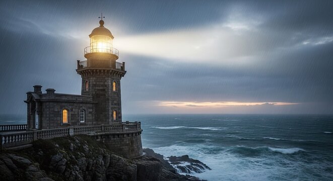 Historic lighthouse beaming light over stormy ocean waves.