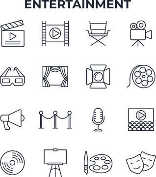 Collection of Entertainment Icons Featuring Movie Camera Film Reel Theater Stage and Performance Symbols Isolated Design