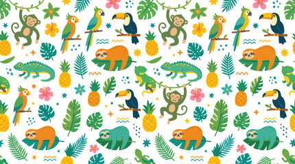 Fototapeta premium Cute Flat Cartoon Illustration Seamless Pattern with Tropical Jungle Animals Plants for Children's Design