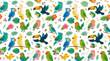 Obraz premium Cute Colorful Tropical Birds, Parrots, and Toucans Flat Vector Seamless Pattern for Nature Wildlife Illustration