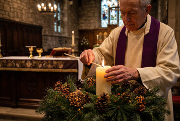 Obraz premium Elderly priest lighting candle on Advent wreath in church setting 