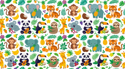 Fototapeta premium Cute Jungle Animals Seamless Pattern, Flat Design, Children's Fabric