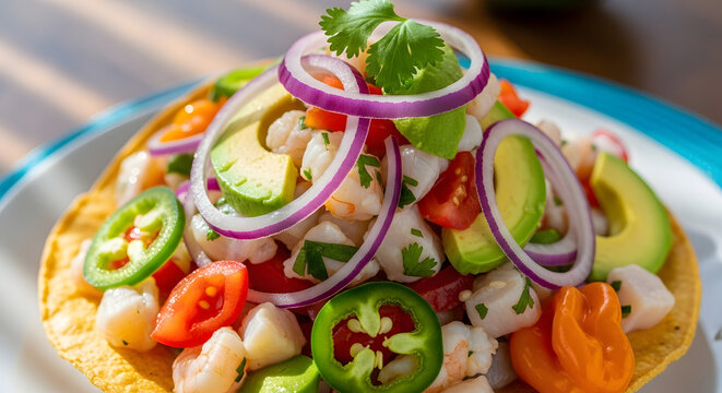 Ceviche tostada topped with fresh avocado and red onion sits on a plate for a summer lunch meal.