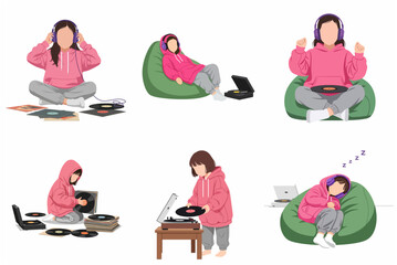 Fototapeta premium Set of illustrations featuring a young girl in a pink hoodie enjoying music with vinyl records, headphones, and a turntable in various relaxed poses.