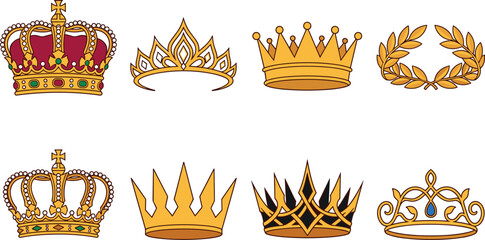 Royal crown and tiara vector collection featuring regal headpieces, laurel wreath, luxury emblems, monarchy, and ceremonial design elements © Shasa icon studio