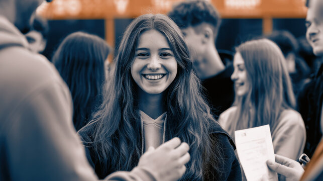 Smiling student raising hand to answer a question during a classroom lesson with classmates learning in the background