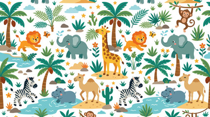 Obraz premium Cute Safari Animals Pattern - Flat Design Vector Illustration for Kids