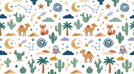Obraz premium Cute Desert Animals, Cacti, Moon, Stars Seamless Pattern - Flat Illustration