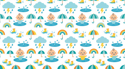 Fototapeta premium Baby Rainy Day Flat Illustration Seamless Pattern with Cute Umbrellas, Clouds, and Rainbows