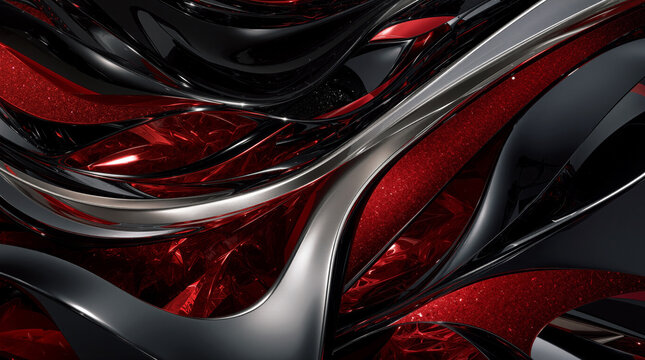 Abstract 3D background with shiny reflective obsidian black, glittery crimson red, and metallic chrome flowing curves