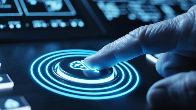 Finger pressing glowing artificial intelligence brain button on futuristic control panel for advanced technology and digital innovation concept