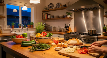 Fototapeta premium Chef prepares fresh organic vegetables on a wooden cutting board inside a warm rustic kitchen.