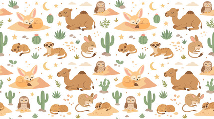 Obraz premium Cute Desert Animals Seamless Pattern. Fennec Fox, Camel, Meerkat, Owl Cartoon Flat Vector Art for Kids