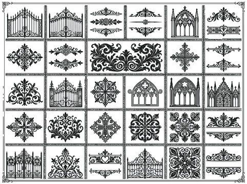 Ornate Gothic Architectural Elements and Wrought Iron Gate Designs Vintage Decorative Motifs