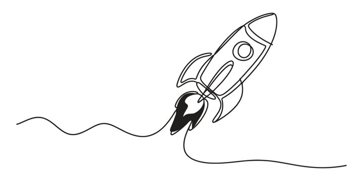 Continuous single line drawing of a flying space rocket ship