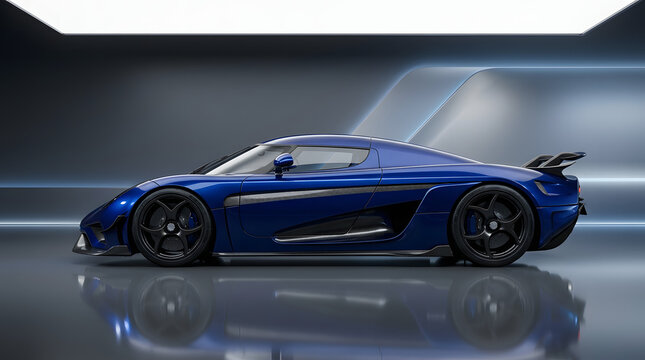 Royal blue hypercar side view. Modern luxury sports vehicle isolated on dark background.