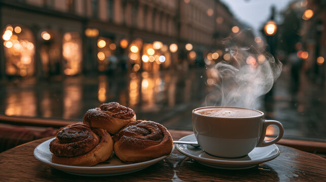 Fresh cinnamon rolls beside a steaming cappuccino on a wooden caffe table, rainy European street glowing outside the window, warm cinematic lighting