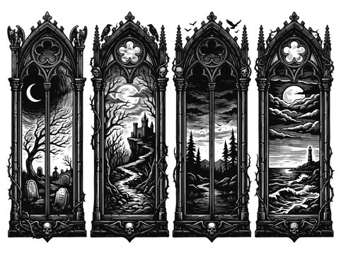 Set of Four Macabre Gothic Windows Depicting Spooky Halloween Scenes