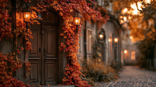 Old wooden door surrounded by climbing orange ivy and glowing lanterns, charming European street blurred behind, cinematic autumn atmosphere