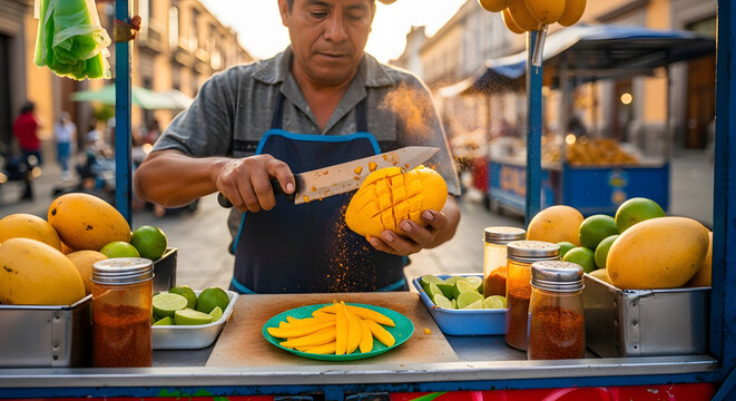 Street vendor carefully slices a fresh mango at his outdoor food cart during a golden sunset.
