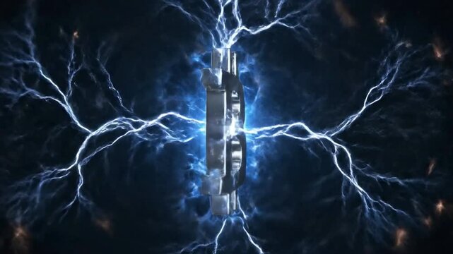 Rotating bitcoin symbol with electric lightning background, 3 d cryptocurrency animation for finance and blockchain technology projects